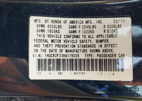 2017 Honda Accord Lx из США, поврежденный, VIN 1HGCR2F33HA179559